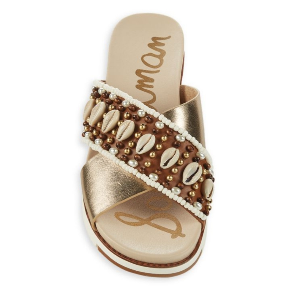 SAM Edelman Austen Platform Slip on Sandals Gold Leather Cowrie Shell Beads - Picture 4 of 12